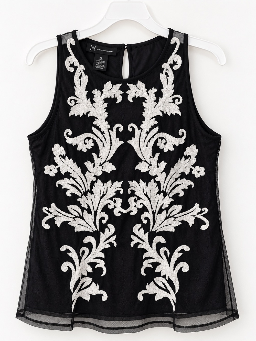 INC International Concepts Black Mesh Tank with White Floral Embroidery